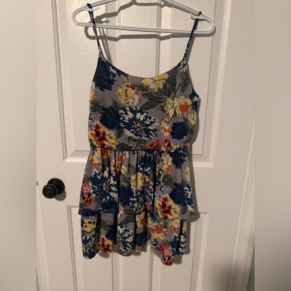 Lush Gray Floral Dress with Red and Yellow Accents